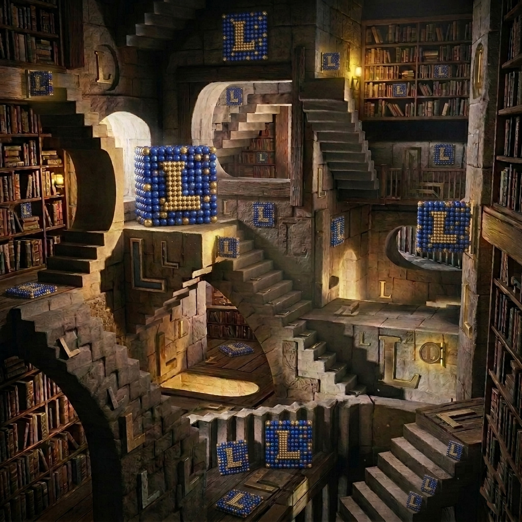 LAMMPS logo cubes scattered around a maze-like library with staircases going in all directions